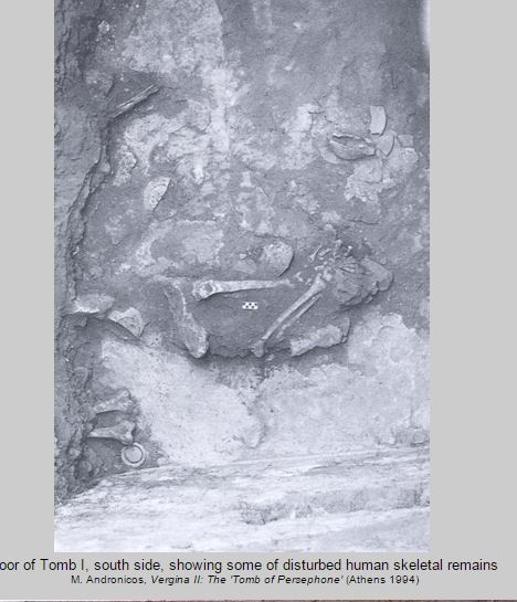 Floor of Tomb 1 Vergina showing male skeleton disturbed and on top of silt layer.JPG