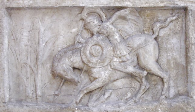 lacus curtius relief depicting bossed ox hide shield.jpg
