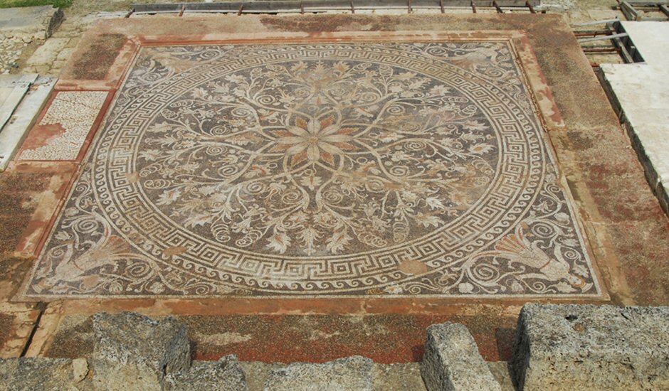 Floor of white marble fragments in a reddish cement (at the lefthand entrance to the room) in the Palace at Aegae